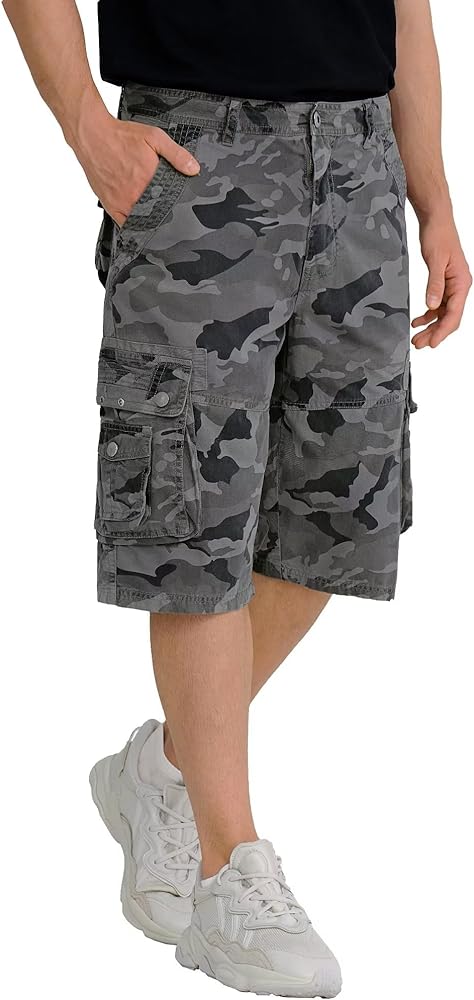 BEST SOUTH Men's Capri Long Twill Cargo Shorts Below Knee 13 Inches Cotton Relaxed Fit Casual Multi-Pocket Black Camo 32