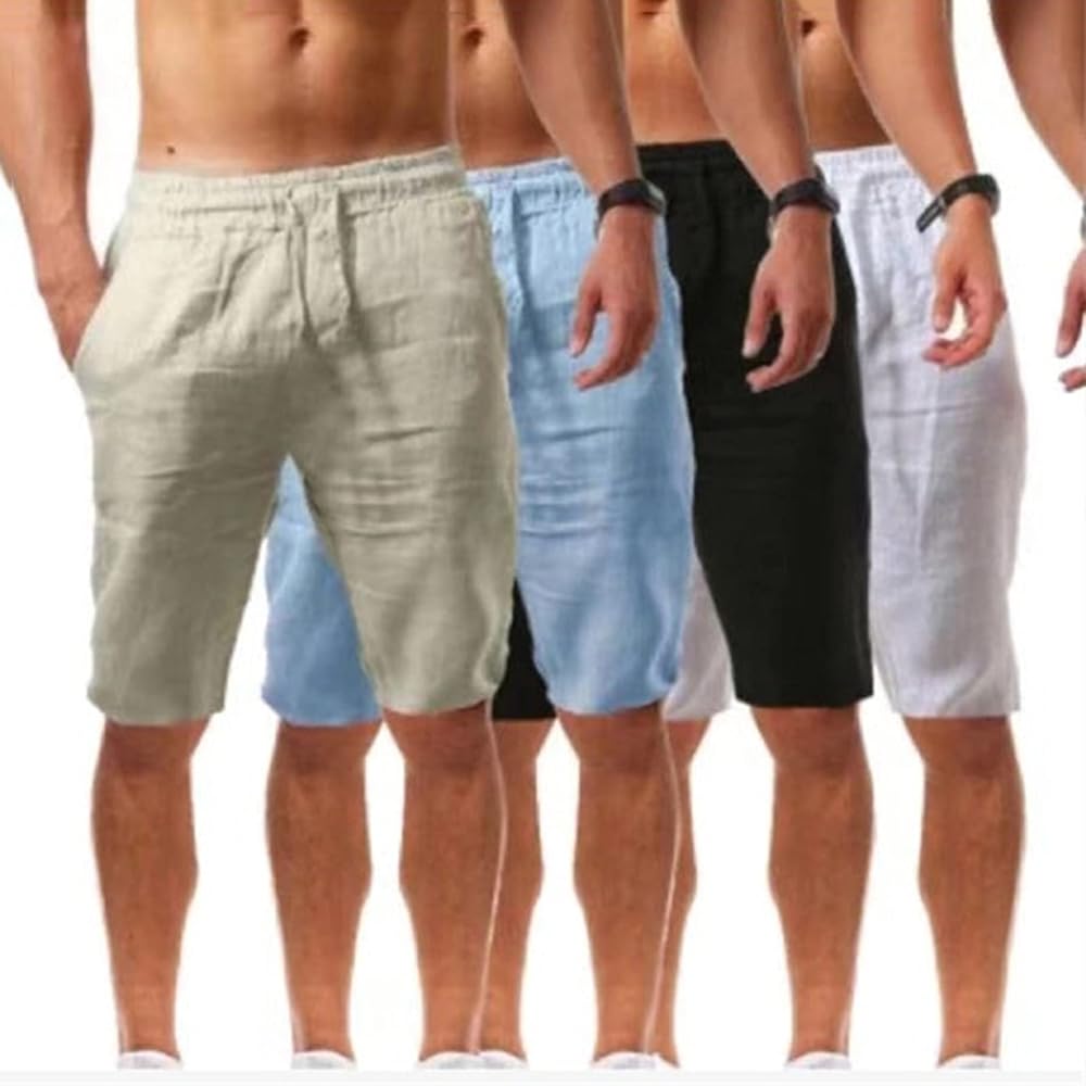 Men's Linen Bermuda Shorts Elastic Waist Drawstring Casual Summer Shorts Lighweight Loose Fit Beach Short Pants