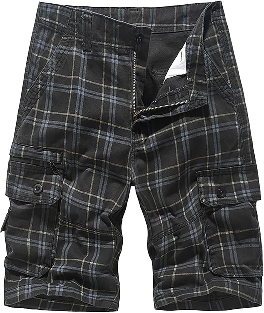 Men's Shorts Cargo Summer Multi Pocket Plaid Solid Shorts Casual Shorts for Men (Z701-Black, 32)