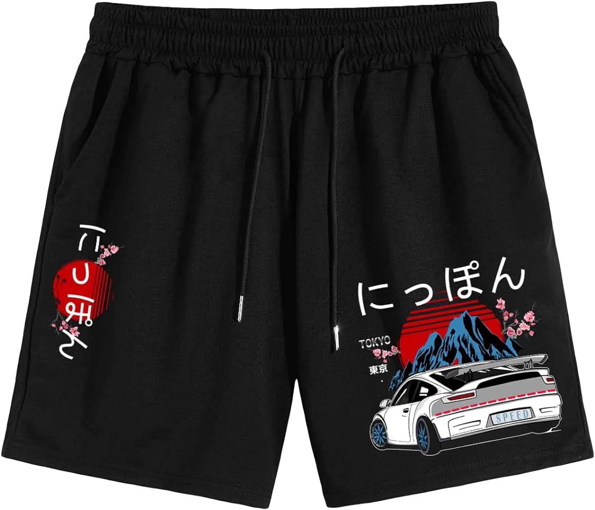 WDIRARA Men's Car Graphic Letter Print Crop Shorts Tie Front Drawstring Shorts Black M