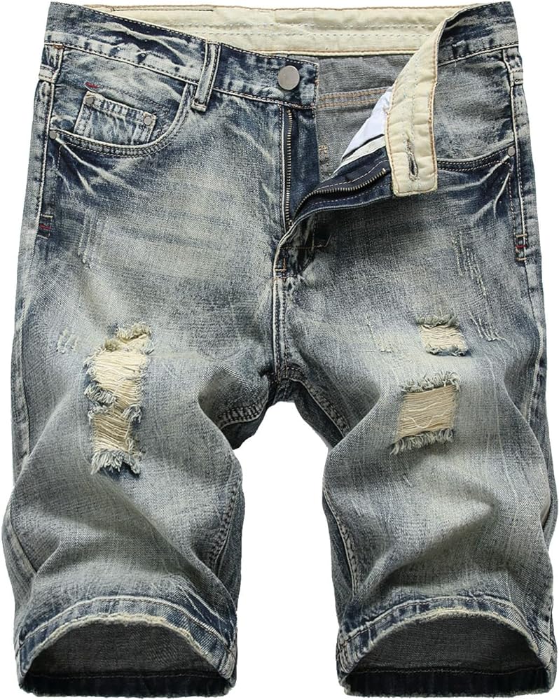 Muscularfit Men Shorts Casual 6 Inch Inseam Linen Ripped Denim Shorts Regular Big and Tall Buckle Zipper Pockets Jean Pants