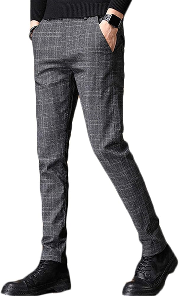 Andongnywell Mens Dress Pants Slim Fit Stretch Skinny Suit Pants Man Slim Stretch Plaid Casual Trousers