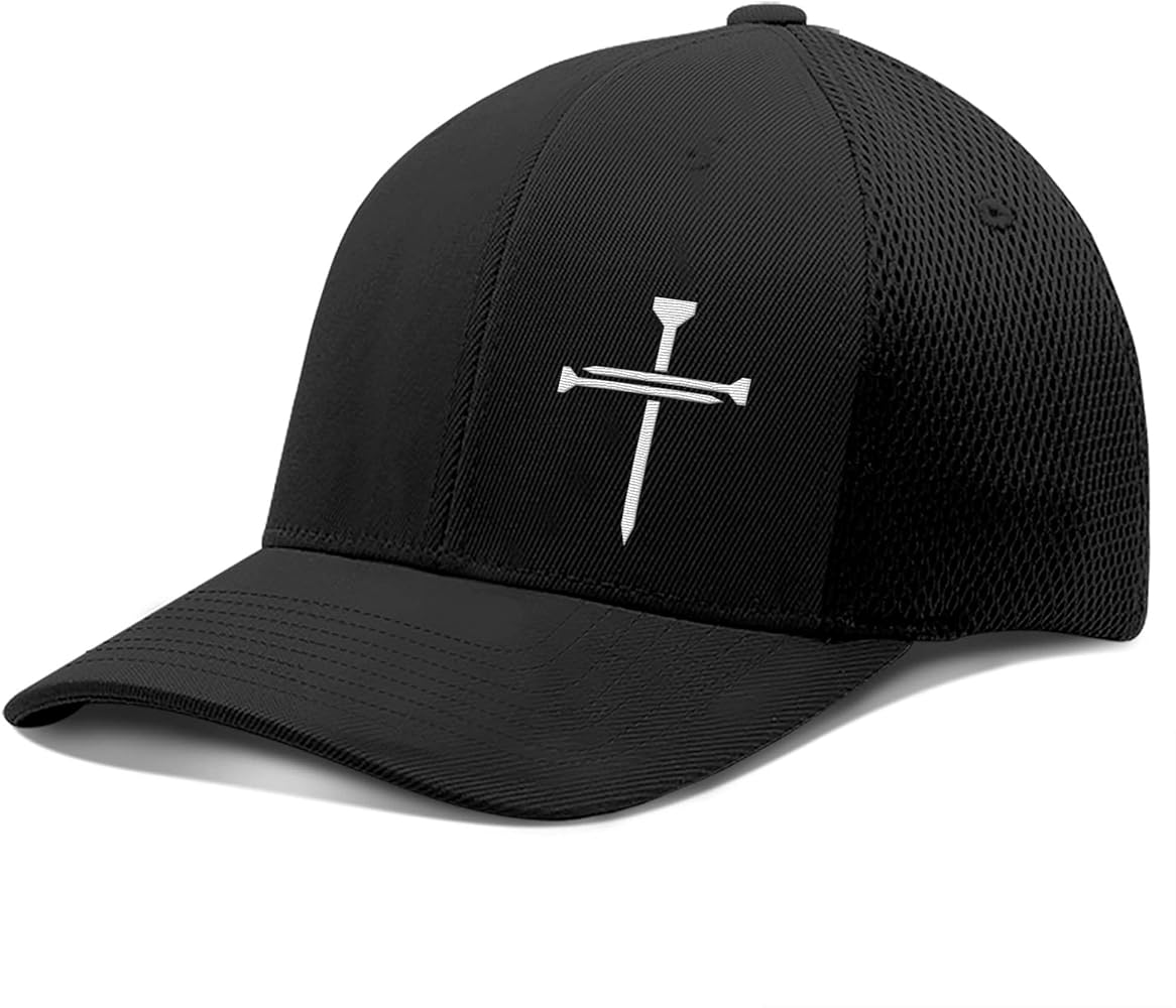 Nail Cross Christian Trucker Hat - Adjustable Cotton Flex Fit Hat - Breathable Mesh Side for Casual Wear