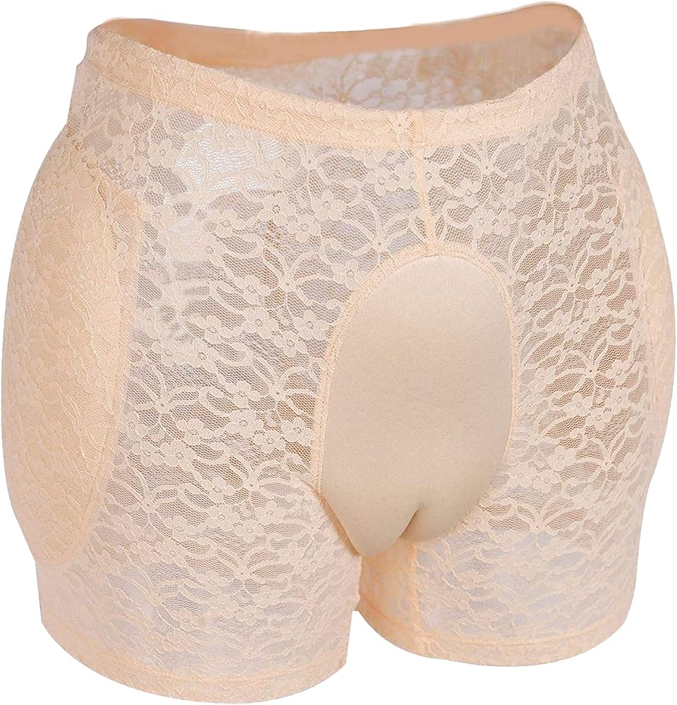 Translucent Lace Underwear Men’s Hiding Gaff Panty Brief for Crossdresser, Padded Hips Enhancer with Removable Pads