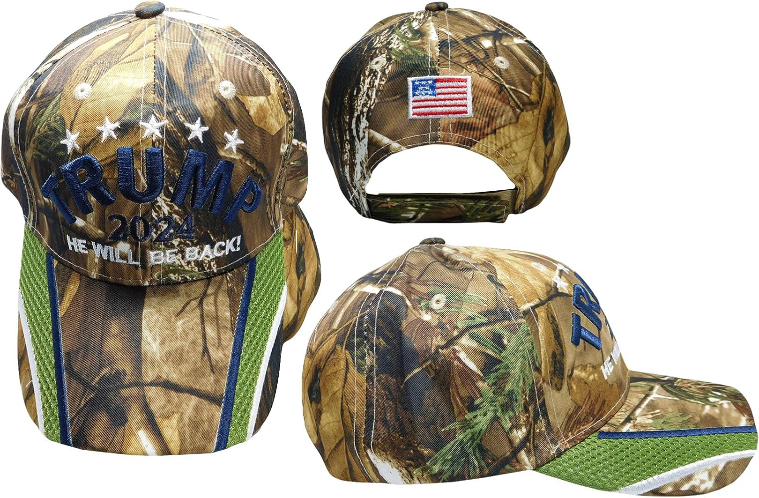 Trump 2024 He Will Be Back! Real Tree Camouflage Camo 100% Polyester Adjustable Embroidered Baseball Cap Hat