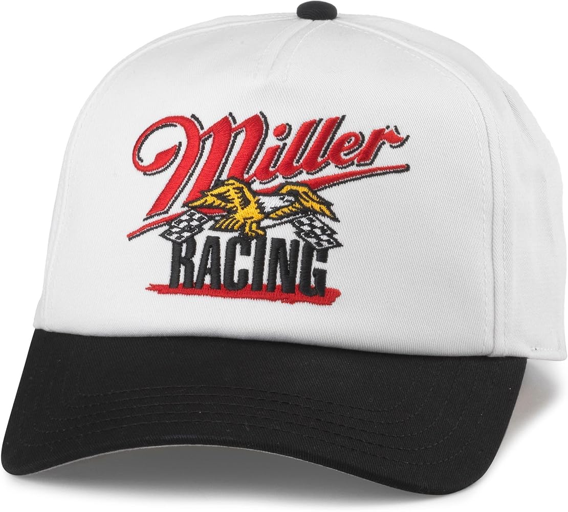 AMERICAN NEEDLE Miller Racing Roscoe Adjustable Snapback Baseball Hat, White/Black (23008B-MHL-WHBL)