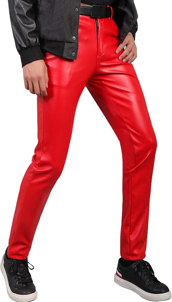 Yeokou Mens Business Casual High Waist Straight Leg PU Faux Leather Biker Pants