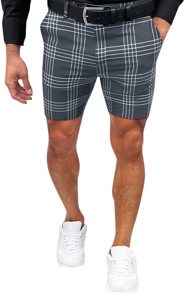 Mens Plaid Shorts With Pockets 7" Inseam Slim Fit Stretch Chino Shorts Casual Short Pants Checkered Flat Front Shorts