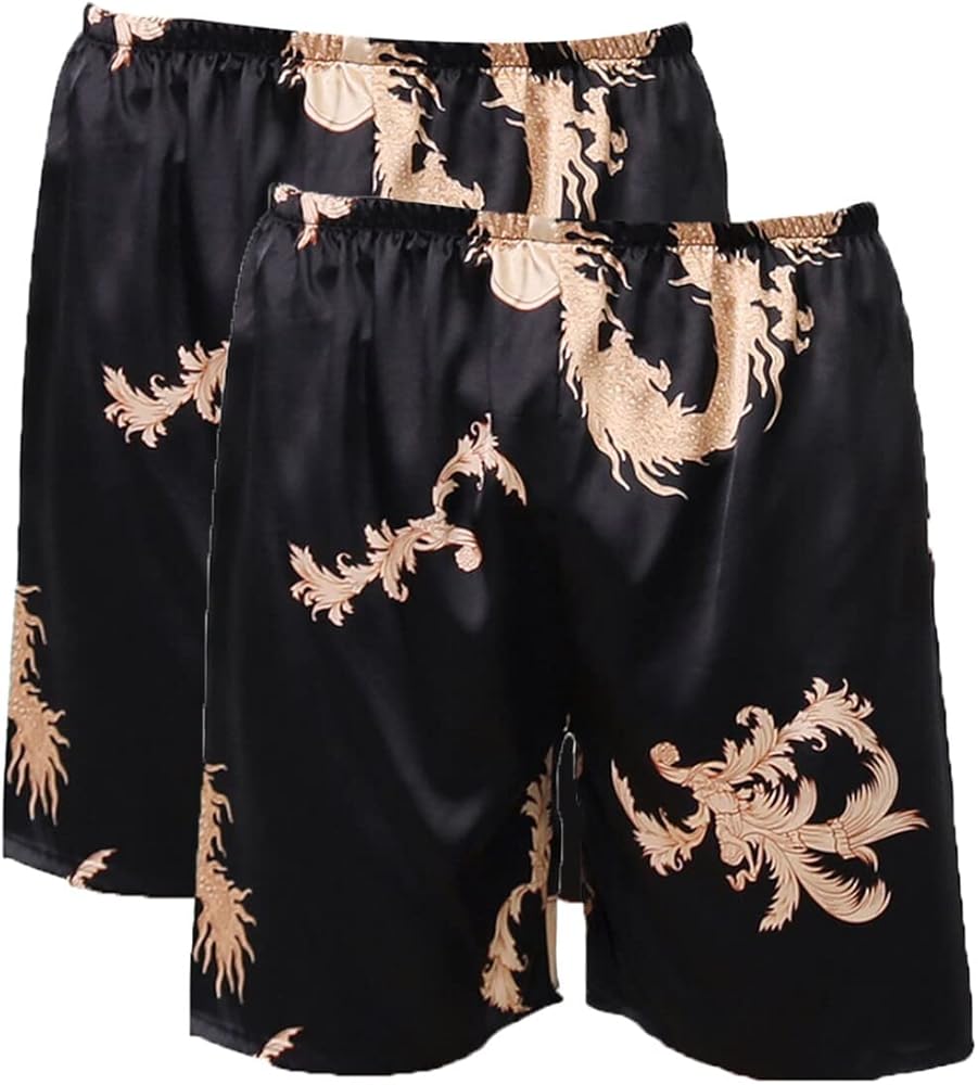 Lu's Chic Men's Satin Boxers Underwear Shorts Silk Dragon Luxury Loungewear Pajama Pants