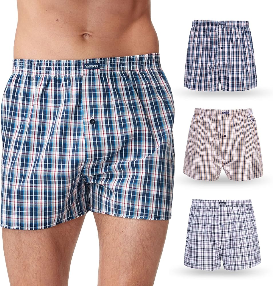 3PK Men's Woven Boxers, 100% Cotton Boxer Shorts for Men, Boxershorts with Button Fly, Underwear