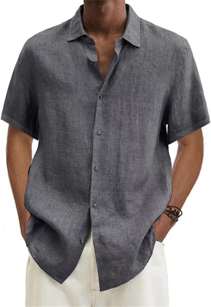 Men's Short Sleeve Linen Henley Shirt Thermal Underwear Button Top Casual Sports Baggy T Shirts