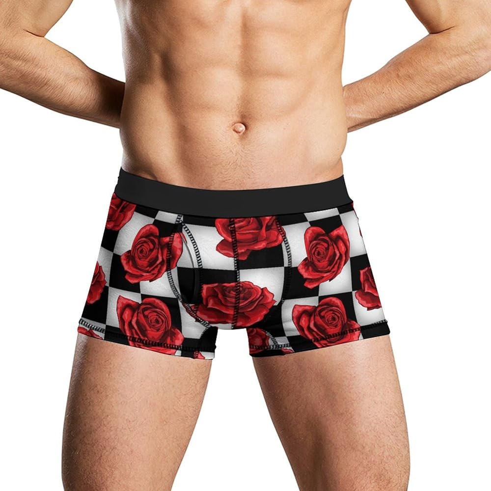 Red Roses on Black White Plaid Men's Boxer Briefs Soft Lightweight Underwear Stretch Trunks