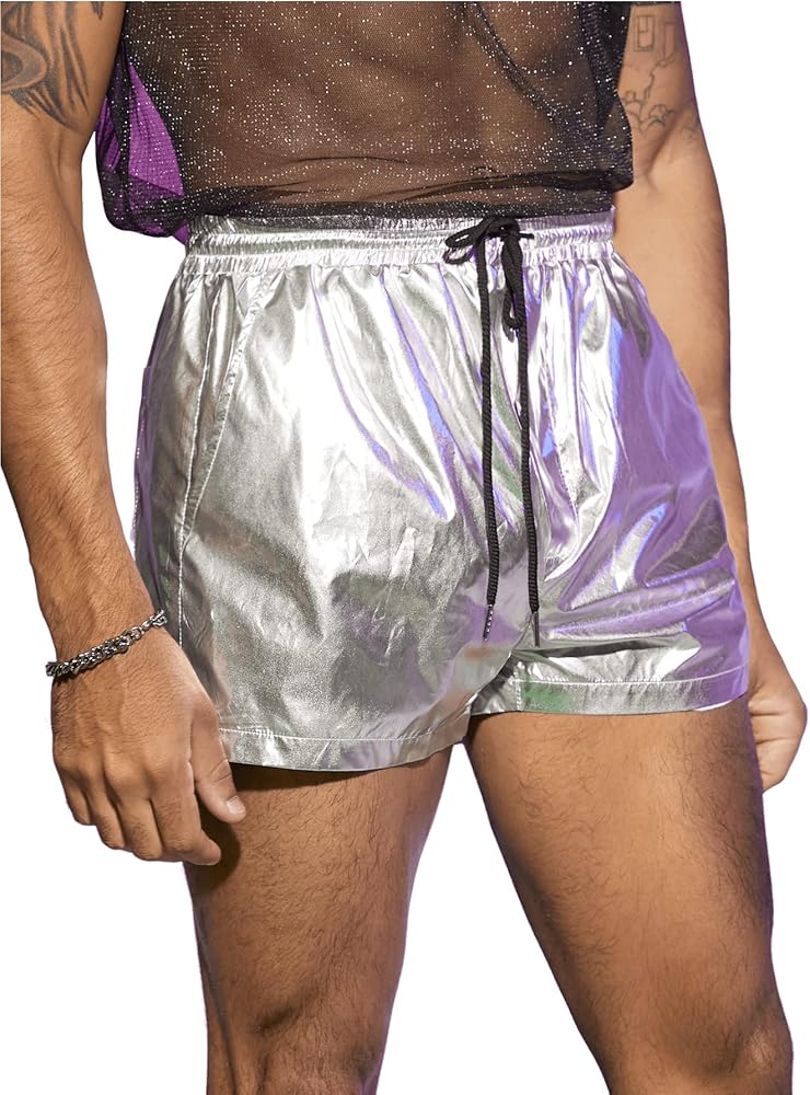 OYOANGLE Men's Metallic Drawstring Waist PU Leather Shorts Metallic Party Pocket Shorts