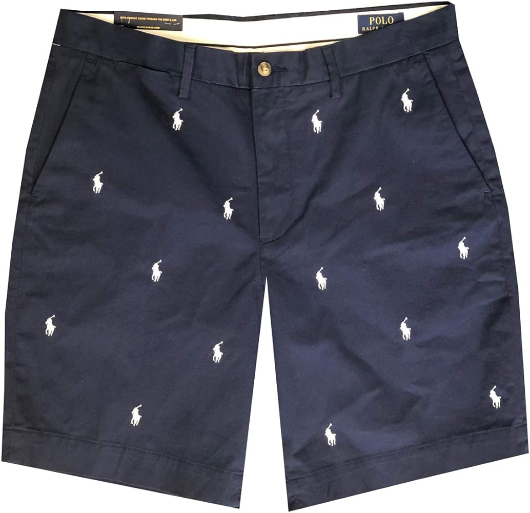 Polo Ralph Lauren Mens Stretch Classic Fit Flat-Front 9" Pony Logo Chino Shorts (31, Navy/White Pony)