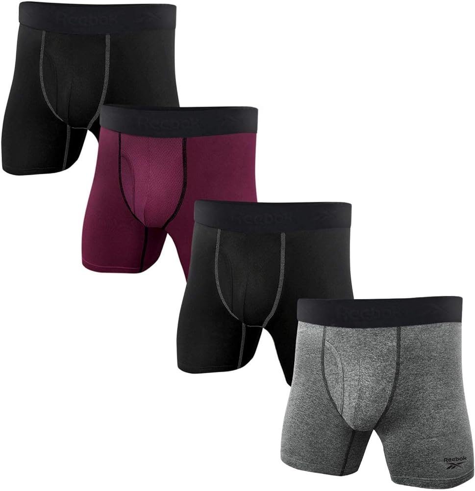 Reebok Mens 4 Pack Performance Boxer Briefs with Comfort Pouch - Black/Fig/Grey/HTR XX-Large