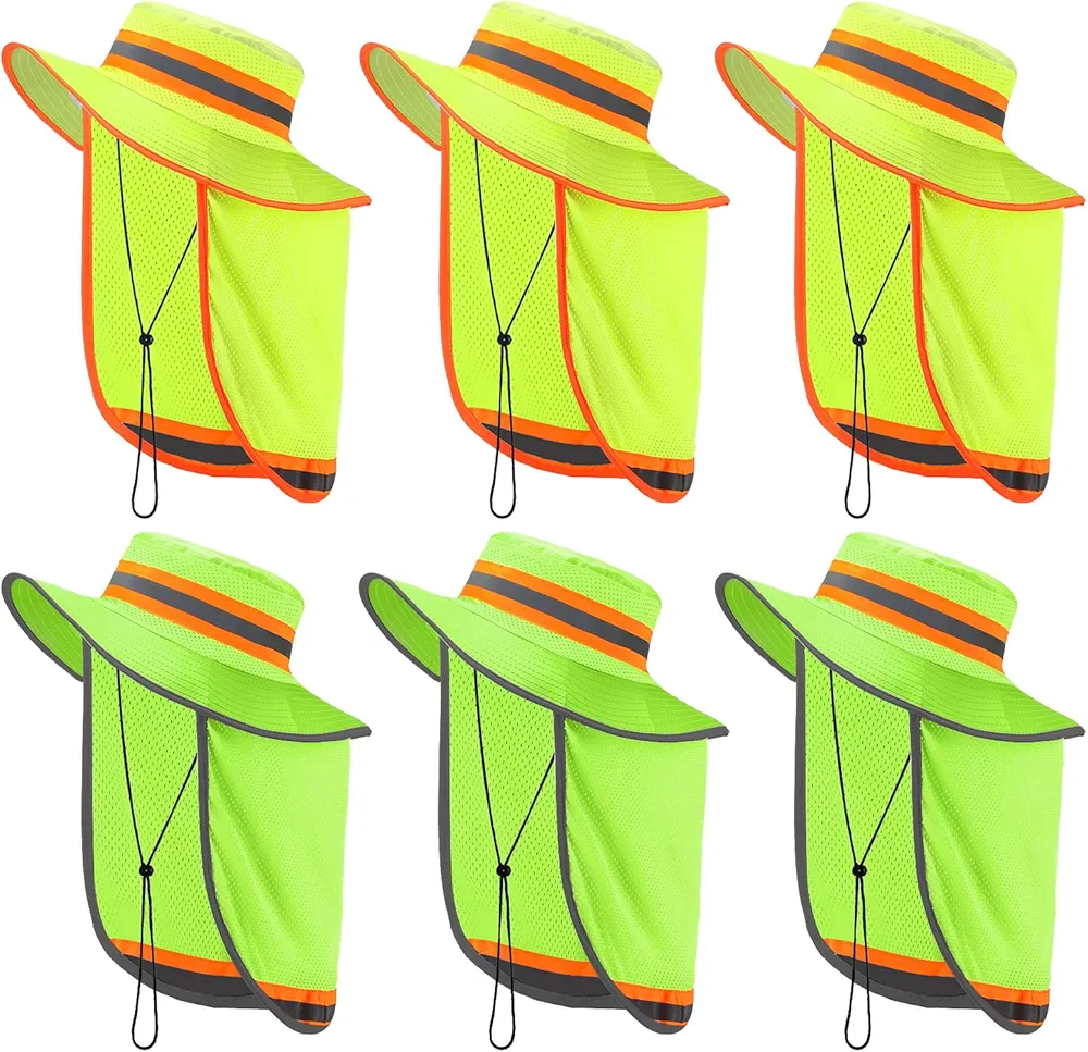 6 Pcs Reflective Safety Hat High Visibility Neck Flap Boonie Hat Wide Brim Work Hats Breathable Bucket Cap for Worker