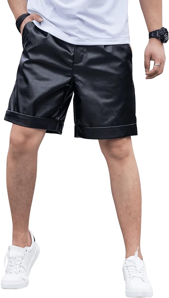 OYOANGLE Men's PU Leather Shorts Zipper Straight Leg Short Pants Clubwear