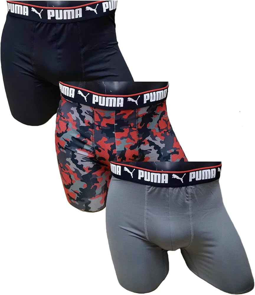 PUMA Men's 3 Pack Performance Boxer Briefs, Black/Red Camo/Grey, Medium