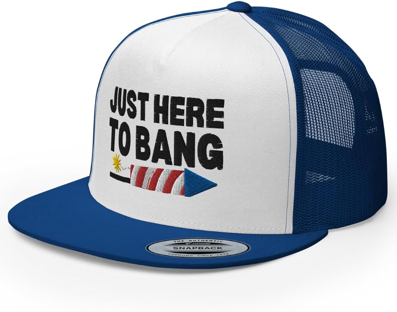 NG Just Here to Bang Embroidered Flat Bill Trucker Hat High Crown Funny Adjustable 4th of July Cap