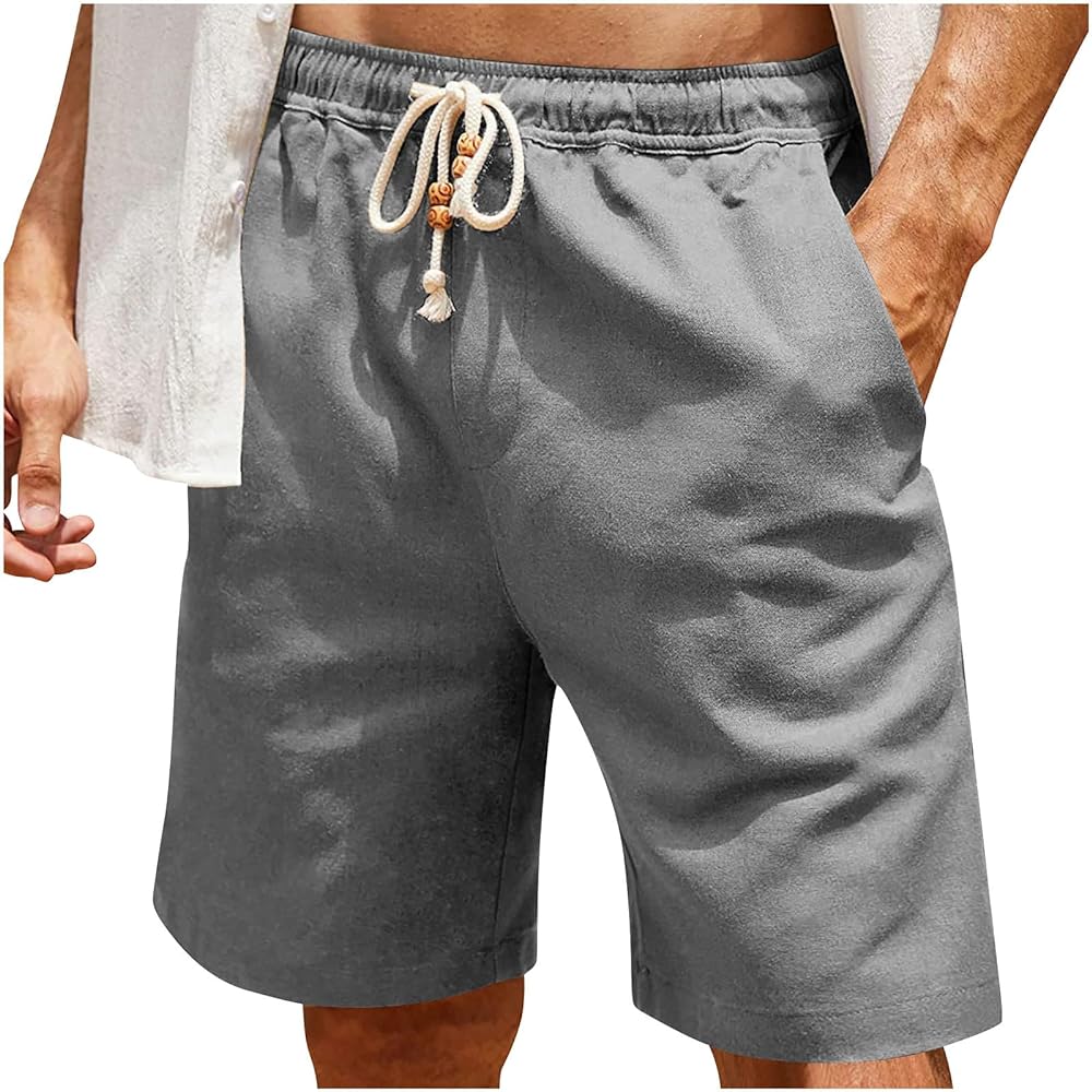 Men's Casual Loose Shorts Summer Linen Cotton Lightweight Drawstring Elastic Waist Short Casual Athletic Big&Tall Sweat Short