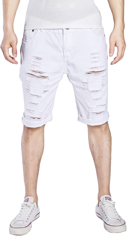 CHARTOU Men's Classic Fit Mid-Rise Distressed Ripped Knee-Length Washed Denim Shorts