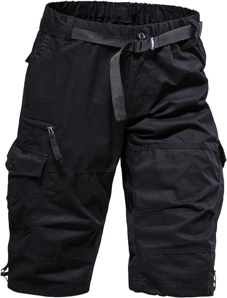 Men's Cargo Shorts 3/4 Relaxed Fit Mens Running Shorts 7 Pockets Elastic Waist Cotton Hiking Shorts (Black, 4XL)