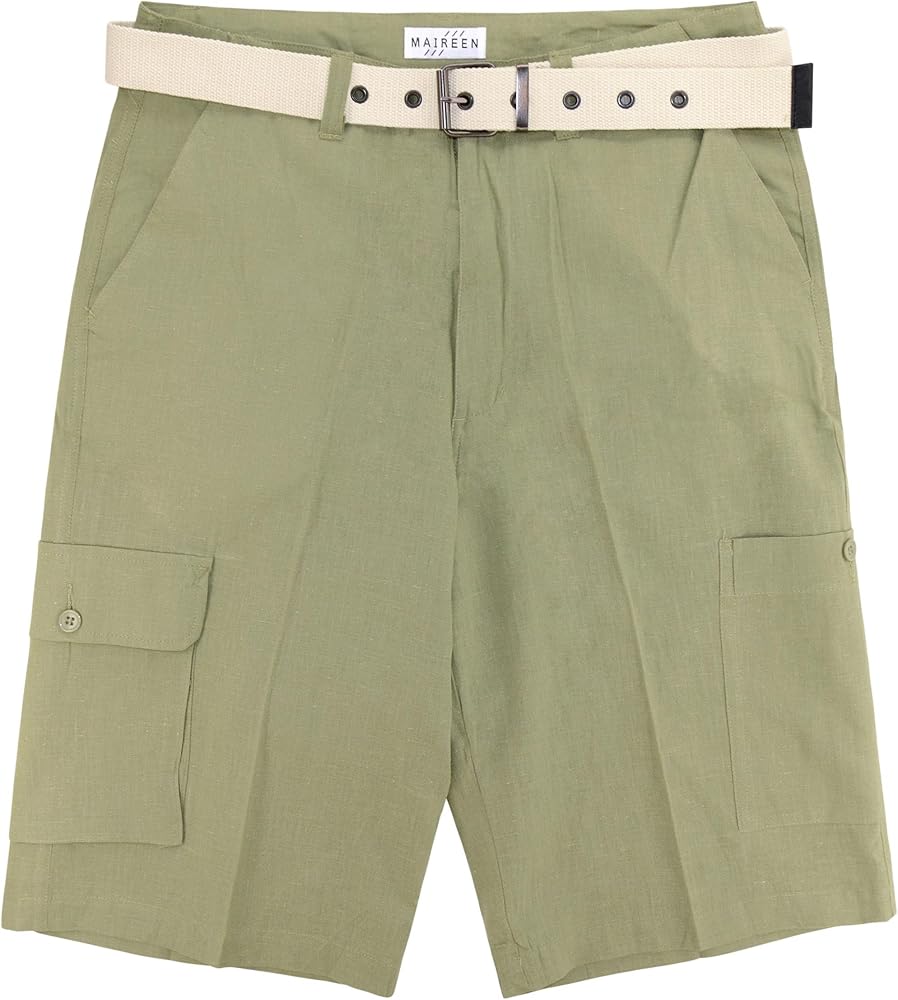 Mens Linen Cargo Shorts Flat Front Solid OLIVE GREEN Color Short & Belt