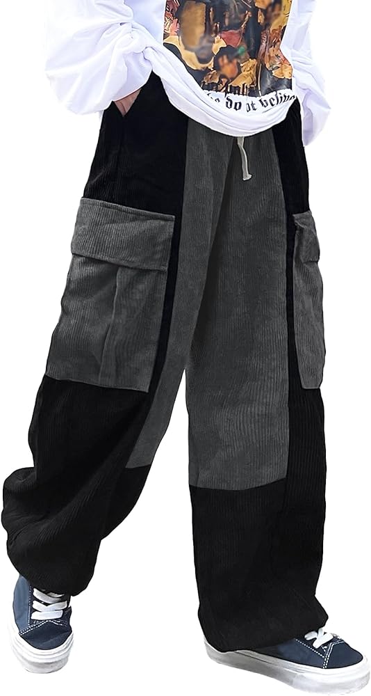 OYOANGLE Men's Streetwear Colorblock Drawstring Waist Wide Leg Baggy Corduroy Cargo Pants