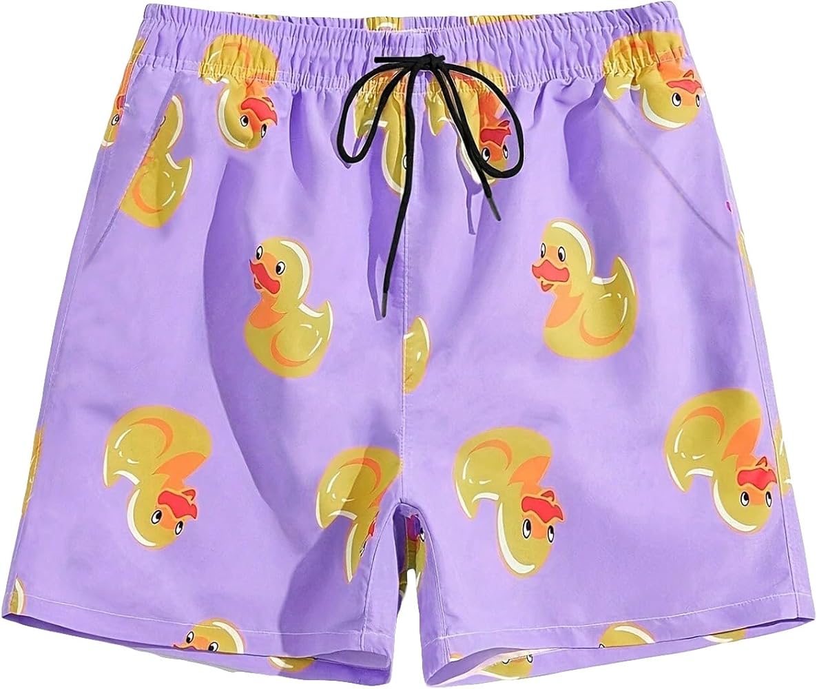 Verdusa Men's Duck Print Drawstring Waist CartoonShort Pants