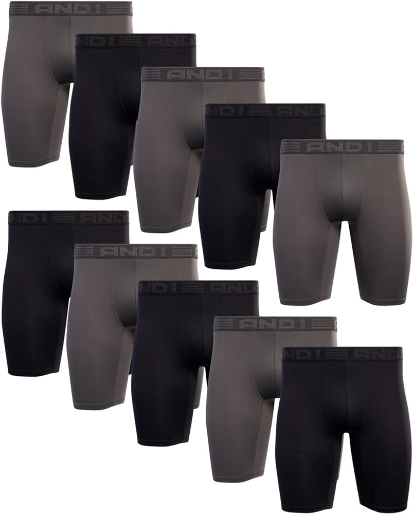 AND1 Men's Underwear Boxer Briefs - 10 Pack Performance Long Leg Compression Boxers for Men with Contour Pouch (S-3XL)