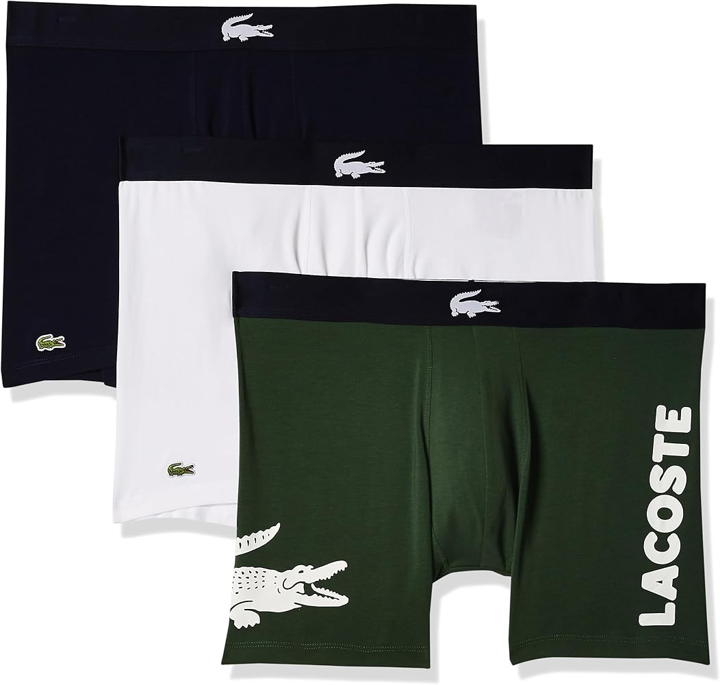 Lacoste mens Iconic Fashion 3 Pack Cotton Stretch Boxer Briefs, Thyme/Navy Blue-white, X-Large US