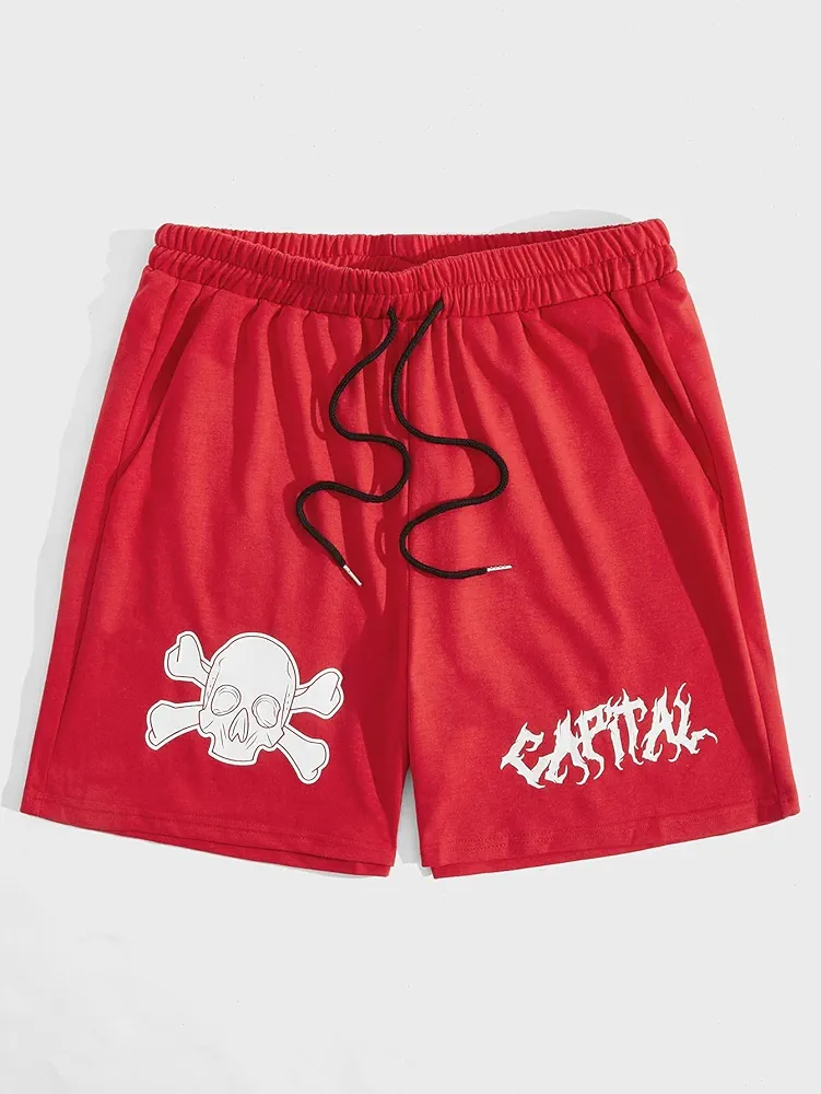 Mens Shorts Guys Skull Print Drawstring Shorts (Color : Red, Size : X-Large)