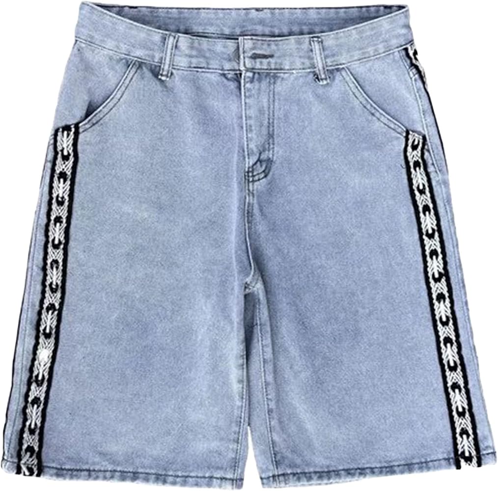 Mens Comfort Fashion Straight Jean Shorts Stripe Printed Denim Shorts Baggy Short Jeans with Cargo Pockets