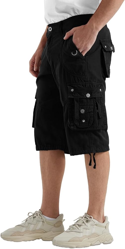 Men's Long below Knee Length 3/4 Capri Cargo Shorts Loose Fit with Pockets 38 Black