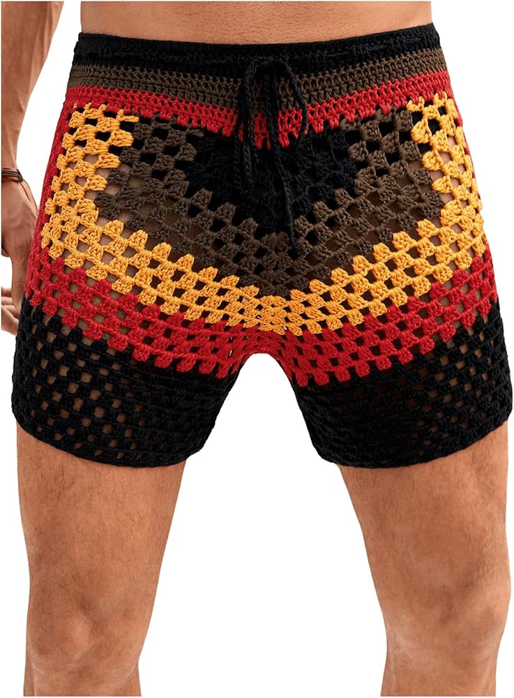 COZYEASE Men's Ribbed Knit Color Block Hollow Out Drawstring Waist Crochet Shorts