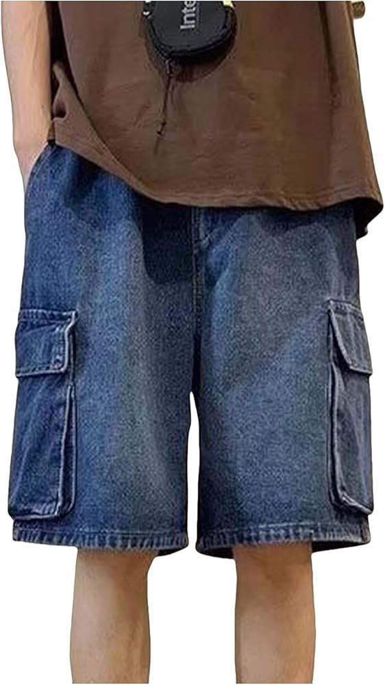 Mens Y2K Blue Denim Shorts Aesthetic Baggy Jeans Shorts Hip Hop Straight Leg Jorts Harajuku Streetwear