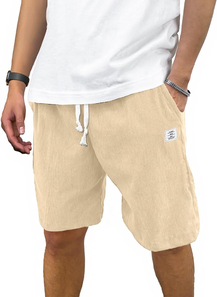 Men's Corduroy Shorts Casual Elastic Waist Drawstring Shorts for Men Summer Beach Shorts Loose Fit