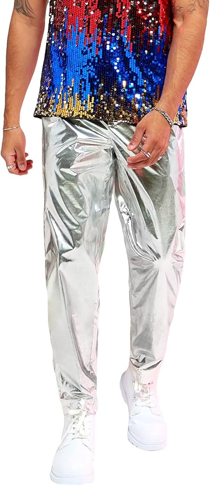 WDIRARA Men's Drawstring Waist Metallic Tapered Zipper Fly Casual Pants with Pockets