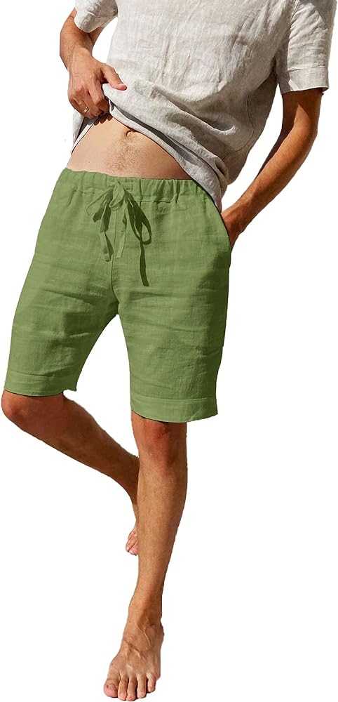 LVCBL Men's Linen Shorts Casual Elastic Waist Drawstring Summer Men Shorts