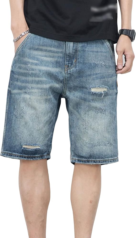 Summer Casual Ripped Denim Shorts for Men Relaxed Fit Distressed Short Jeans Hip Hop Baggy Wash Jean Shorts