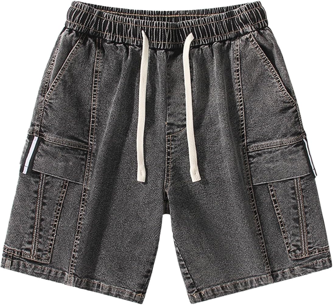 Men's Baggy Jeans Shorts Y2k Hip Hop Straight Wide Leg Cargo Shorts Loose Fit Elastic Waist Fashion Streetwear Denim Shorts