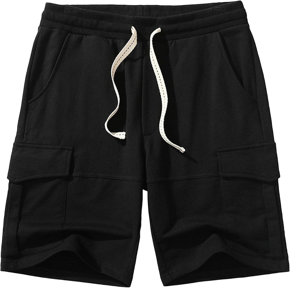 Men's Cotton Casual Cotton Multi-Pocket Shorts Elastic Waist Relaxed Fit Outdoor Shorts Loose Fit Solid Cargo Short