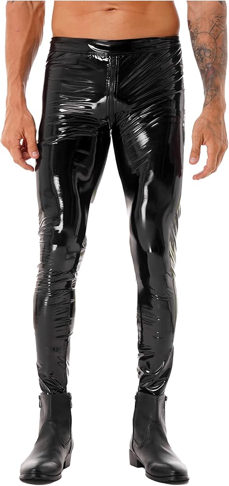 Men's Zipper Crotch Trousers Shiny Metallic PVC Leather Skinny Club Pants Leggings