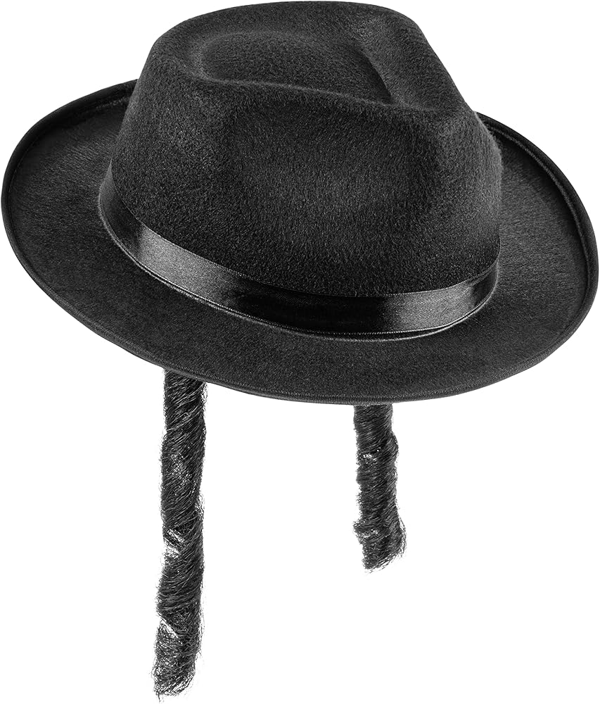 Dress Up America Jewish Rabbi Hat for Adults - Black Costume Fedora with Side Locks - One Size Fits Most