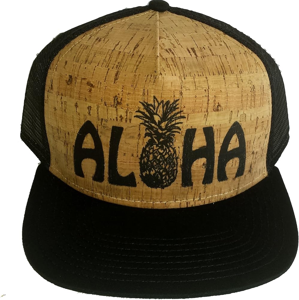 Aloha Pineapple Cork Snapback Mesh Trucker Hat Cap Flat Brim Shaka Hawaii Black