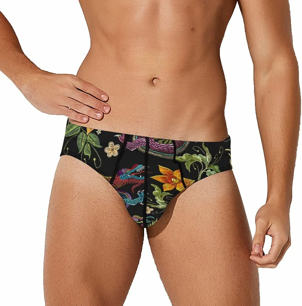 Dragons and Narcissus Flowers Men's Briefs Low Rise Stretch Underwears Breathable Comfort Underpants