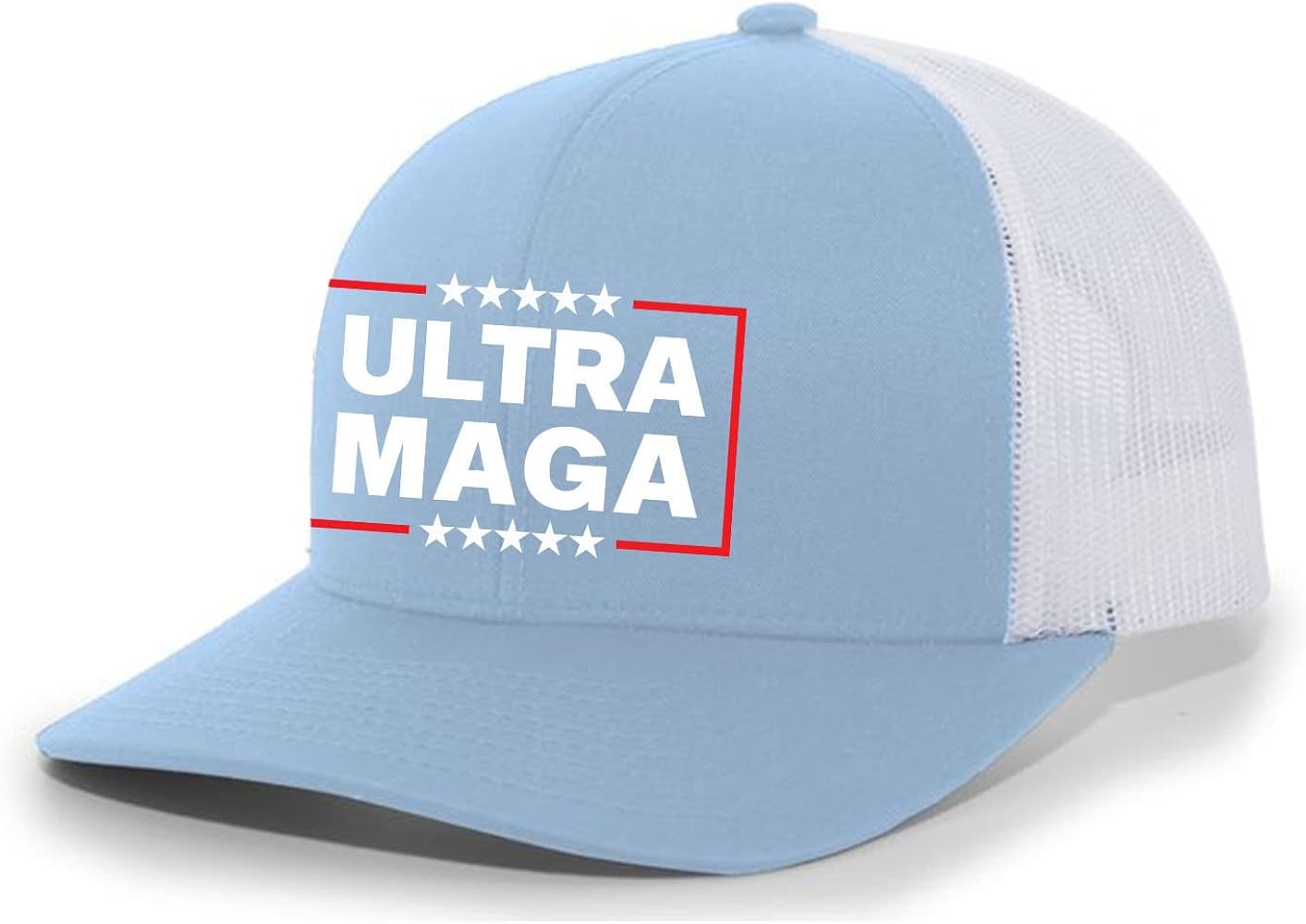 Ultra MAGA Trump Campaign Mens Embroidered Mesh Back Trucker Hat, Columbia Blue/White