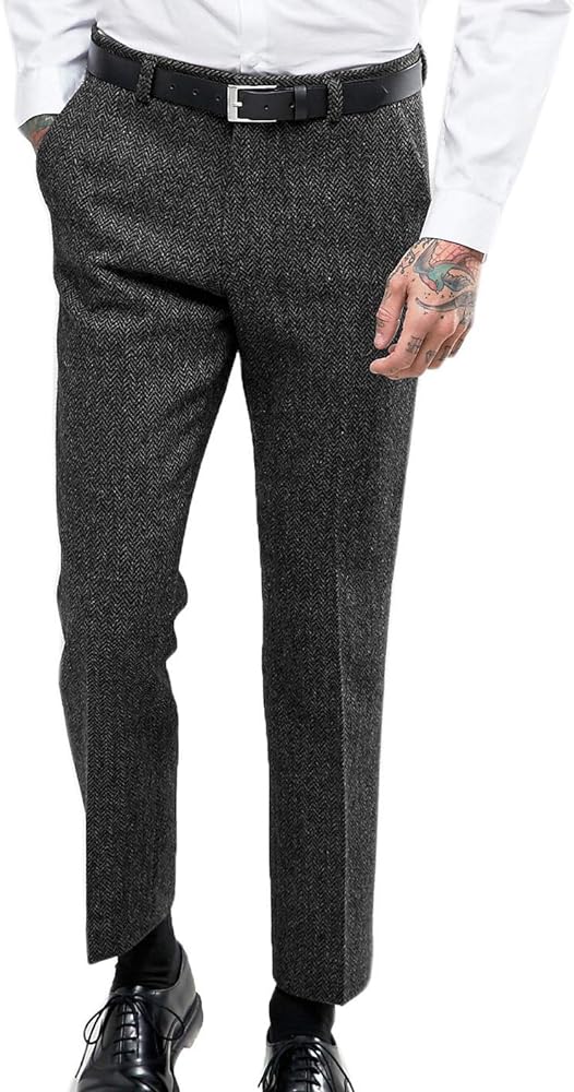 Formal Mens Suits Tweed Pants Herringbone Trousers Thick Flat Vintage Wool Wedding Groomsmans Party