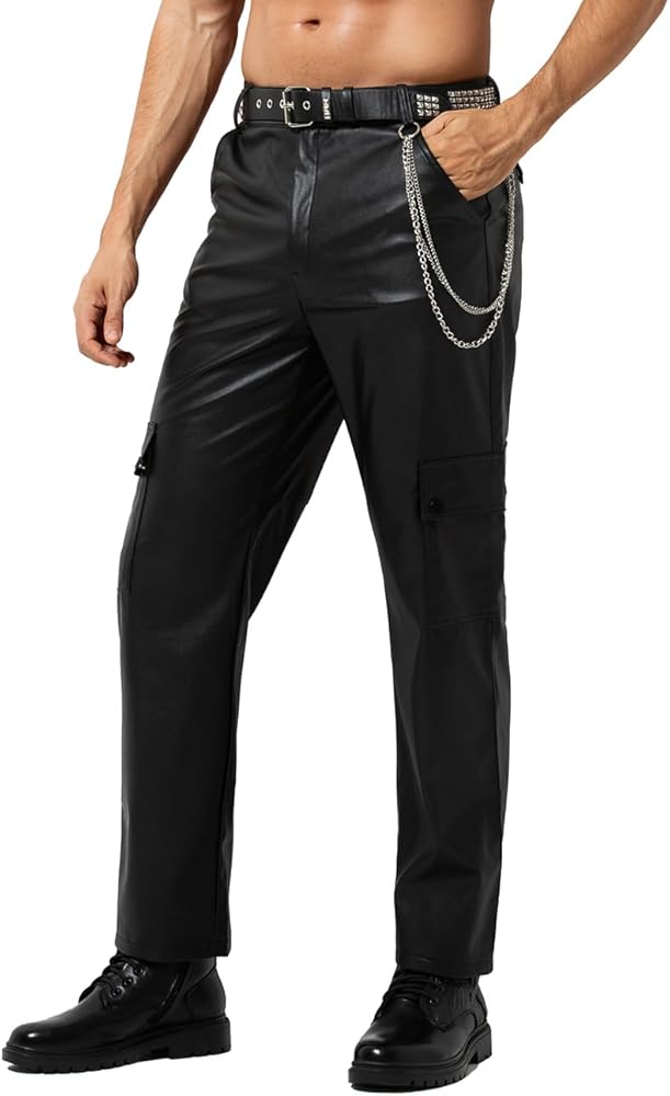 Arjen Kroos Men's Leather Pants Casual Straight Leg Motorcycle PU Leather Pant Multi Pockets