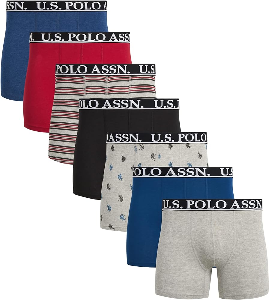 U.S. Polo Assn. Men's Underwear - Casual Stretch Boxer Briefs (7 Pack), Size X-Large, NavyRedRed StripesBlackGrey PrintHeather Grey